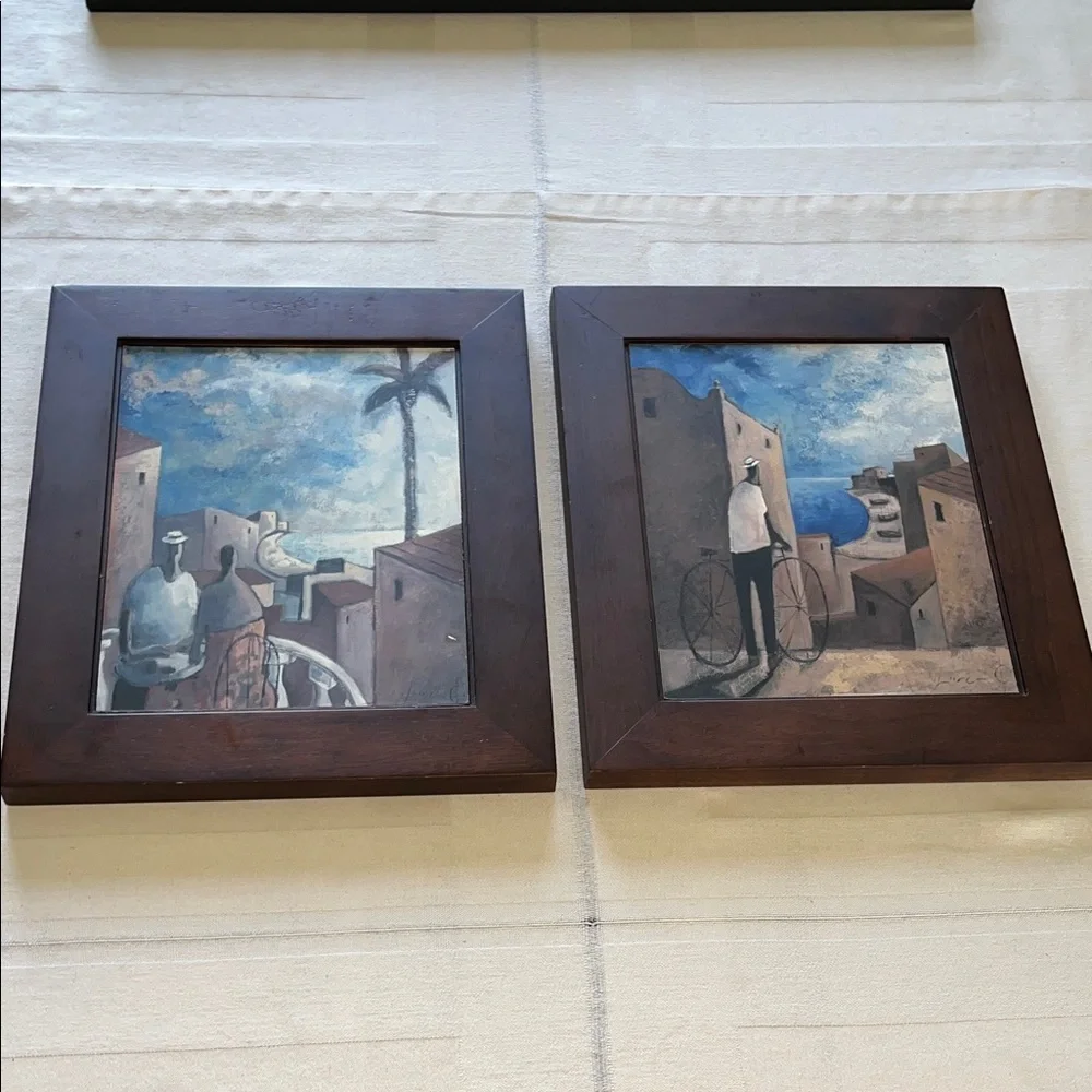 Village Seascape “Cafe En La Tarde” and “La parada” by Didier Lourenco Framed - Picture 1 of 7